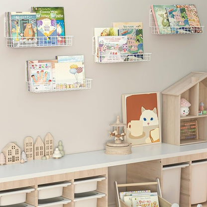 X-cosrack 4-Pack Wall Mounted Metal Kids Bookshelf, Floating Book Shelves for Kids Nursery Toddler Bedroom Classroom, Hanging Book Shelf Storage Organizer for Room Decor, White