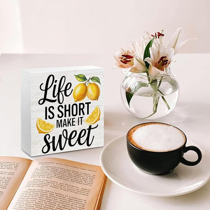Inspirational Quote Life is Short Make it Sweet Wood Box Sign, Rustic Lemon Print Accessories Wood Plaque, Woods Table Decorative Signs for Office Home Tabletop Shelf, Farmhouse Gifts for Women Family