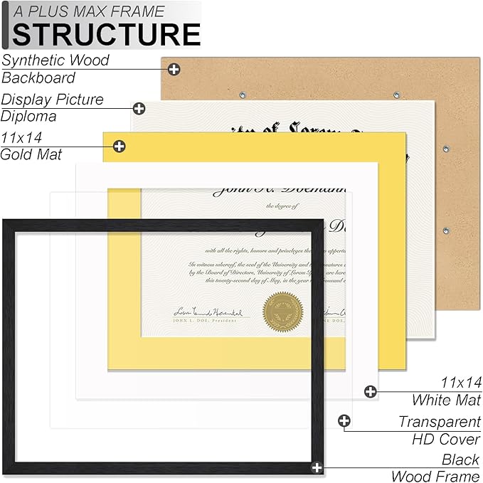 A PLUS MAX 11x14 Diploma Frame Display 8.5 x 11 Certificate with White & Gold Mat, Engineered Wood Document Frame with Black Wood Grain for Masters Associates Bachelor Degree - 2 Packs