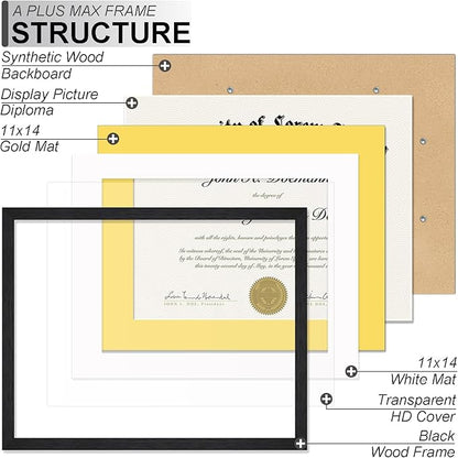 A PLUS MAX 11x14 Diploma Frame Display 8.5 x 11 Certificate with White & Gold Mat, Engineered Wood Document Frame with Black Wood Grain for Masters Associates Bachelor Degree - 2 Packs