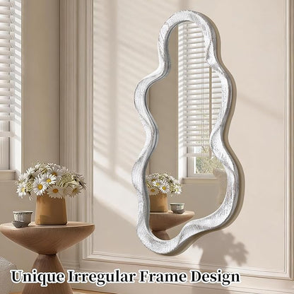Large Asymmetrical Wall Mirror Irregular Wood Frame Modern Unique Wall-Mounted Artistic Wavy Mirror Decor Bathroom Vanity Bedroom Living Room Entryway Hallway 120x55cm Natural