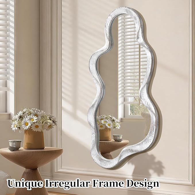 Large Asymmetrical Wall Mirror Irregular Wood Frame Modern Unique Wall-Mounted Artistic Wavy Mirror Decor Bathroom Vanity Bedroom Living Room Entryway Hallway 120x55cm Natural