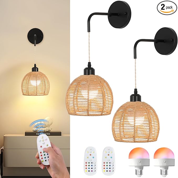Boho Wall Sconce with Remote,Rattan Battery Operated Wall Sconces Set of 2,15 Colors Dimmable Wireless Wall Light Indoor,Rechargeable Battery Wall lamp for Bedroom, Living Room, Entryway