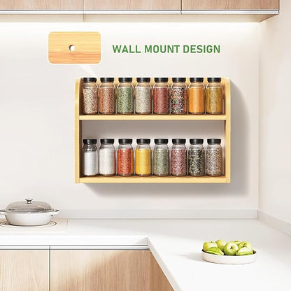 2 Tier Bamboo Spice Rack, Countertop or Wall Mounting Wood Spice Jars Organizer Shelf for Kitche, Pantry (Natural)