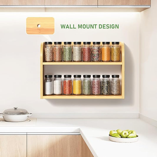 2 Tier Bamboo Spice Rack, Countertop or Wall Mounting Wood Spice Jars Organizer Shelf for Kitche, Pantry (Natural)
