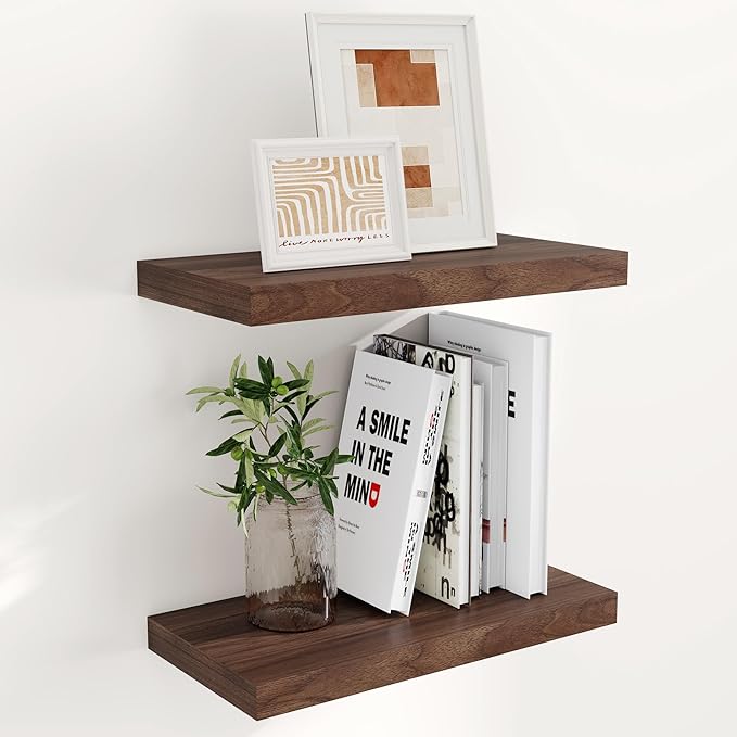 Fun Memories 16 Inch Long Floating Shelves, 9.3 Inch Deep Floating Shelf for Wall, Living Room, Kitchen, Rustic Deep Wood Shelves for Bathroom, 2 Pack Storage Display Shelf for Books, Decor, Walnut