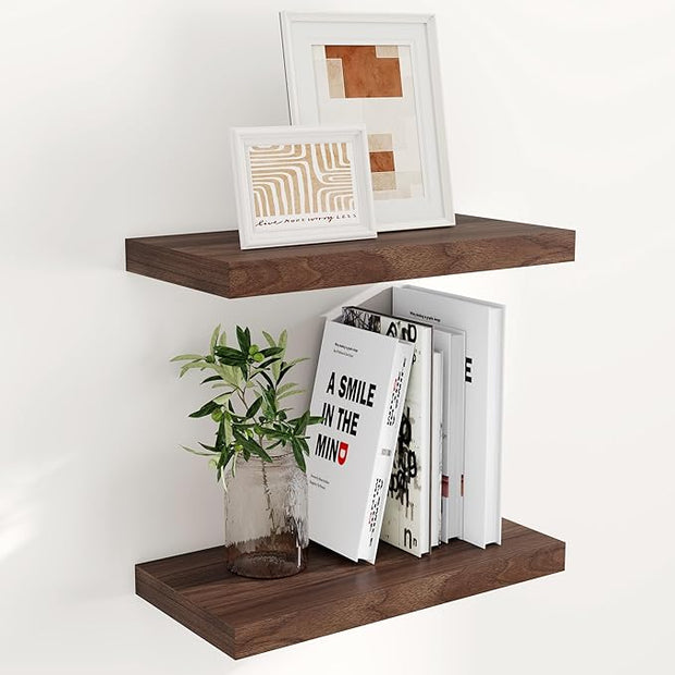 Fun Memories 16 Inch Long Floating Shelves, 9.3 Inch Deep Floating Shelf for Wall, Living Room, Kitchen, Rustic Deep Wood Shelves for Bathroom, 2 Pack Storage Display Shelf for Books, Decor, Walnut