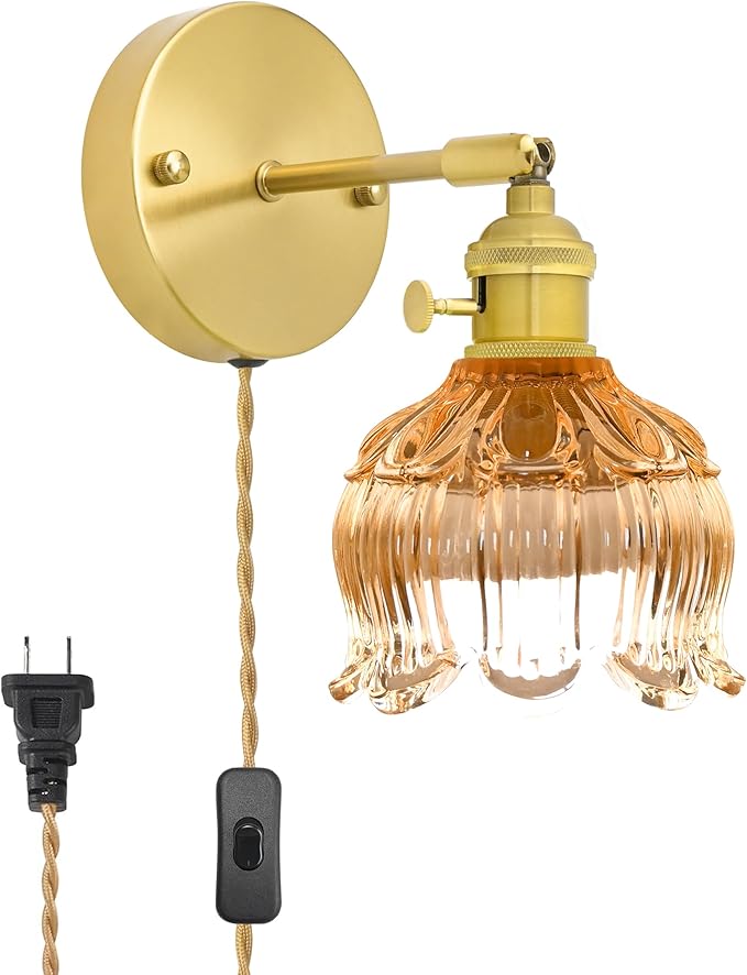 Plug in Wall Sconces,Plug in Wall Lamp, Vintage Wall Light with Amber Tulip Glass Lampshade, 3-Way Dimmable with Dual Switches, No Wiring Needed for Bedroom Wall Decor and Hallway