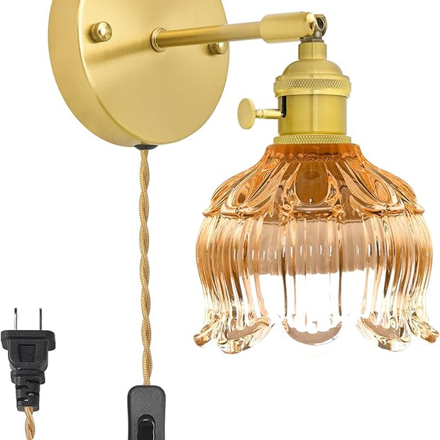 Plug in Wall Sconces,Plug in Wall Lamp, Vintage Wall Light with Amber Tulip Glass Lampshade, 3-Way Dimmable with Dual Switches, No Wiring Needed for Bedroom Wall Decor and Hallway