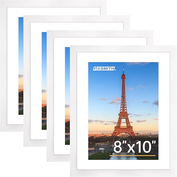 FIXSMITH 8x10 Picture Frame Bulk-4 Pack, Photo Frame with HD Plexiglass, Display Pictures 5x7 with Mat or 8x10 Without Mat, White Picture Frames Collage Wall Decor, Wall & Tabletop Picture Frames