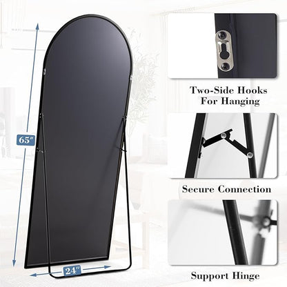 DUMOS Arched Full Length Mirror with Stand Floor Free Standing Aluminum Frame for Bedroom Body Hanging Leaning Modern Simple Home Decor Shatter-proorf Nano Glass Wall Black 65"x24"