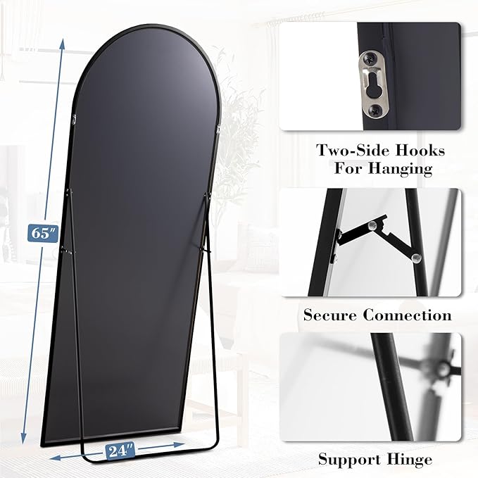 DUMOS Arched Full Length Mirror with Stand Floor Standing Aluminum Frame for Bedroom Body Hanging Leaning Modern Simple Home Decor Shatter-Proorf Nano Glass Wall Living Room Cloakroom Black 65