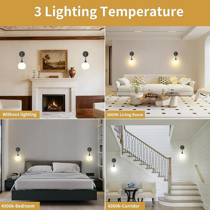 Battery Operated Wall Sconces Set of 2, Black Rechargeable Wireless Wall Lights with Milky White Shade, 12 RGB and 3CCT Dimmable Wall Lamps with Remote for Bedroom Living Room Hallway