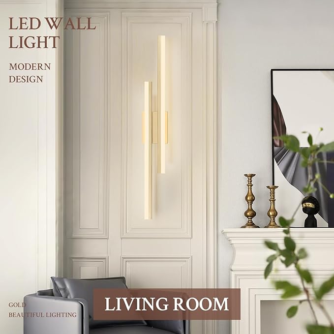 LED Wall Sconce Gold Modern Remote Wall Light Fixtures for Living Room, Dimmable LED Vanity Light Indoor Remote Wall Sconce for Bedside Bedroom Bathroom Dining Room, 31.5inch 1 Pack