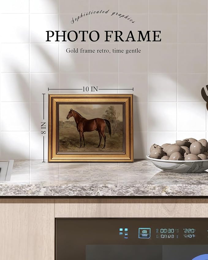 VIYYIEA Gold Framed Canvas Art Prints,8x10Inch, Country Horse Art Painting, Vintage Retro Decor for Bathroom Bedroom Living Room shelf bookshelf Fireplace, Rustic Farmhouse Picture