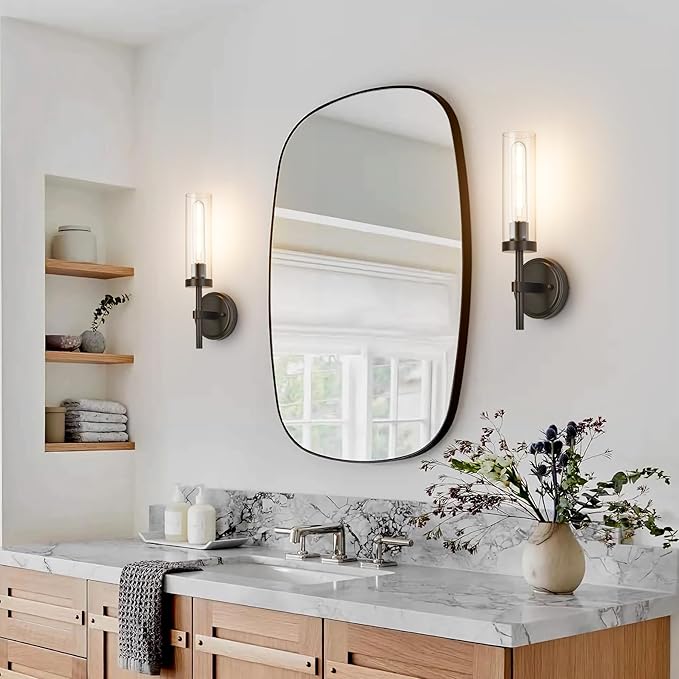 Oil Rubbed Bronze Wall Sconces Set of Two, Bathroom Wall Sconces Vanity Lights with Clear Glass Shade, Modern Farmhouse Wall Mount Lights for Mirror Bedroom Living Room Stairwell Hallway