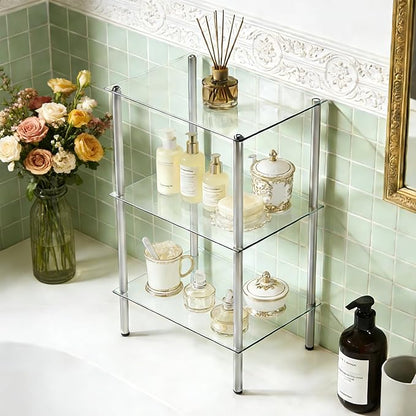 HOOBRO Glass Shelf, 3 Tier Bathroom Standing Shelf Unit, Tempered Glass Shelving Stand for Small Space, Perfume Stand Organizer, Space-Saving, for Bathroom, Bedroom, Steel Frame, Silver SV03CJ01