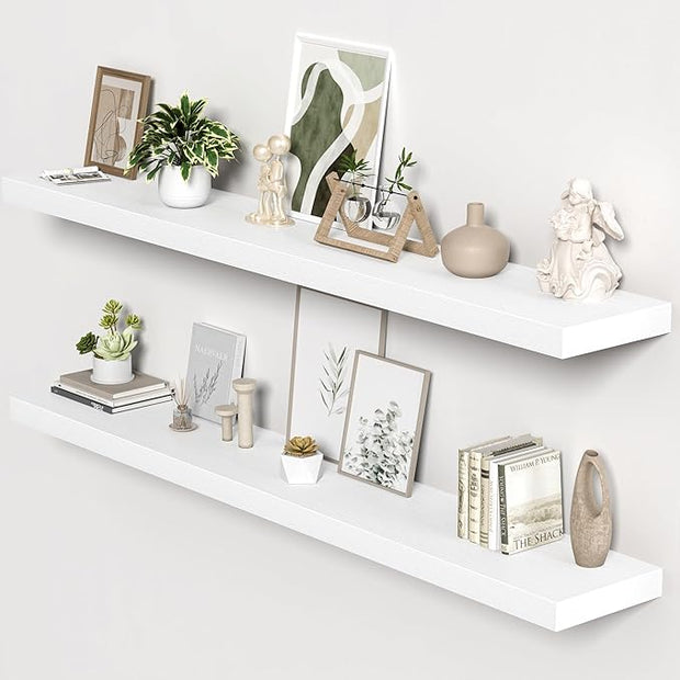 Floating Shelves for Wall, 72"W x 9.3"D x 1.5"H, Long Wooden Wall Mounted Display Shelves with Invisible Brackets for Living Room, Bedroom, Bathroom, Kitchen Decor and Storage, Set of 2, White