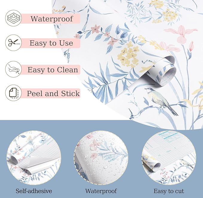 Erfoni 16.9" x118" Boho Floral Peel and Stick Wallpaper Blue Floral and Birds Contact Paper DIY Self Adhesive Removable Wallpaper for Livingroom Cabinet Decor Modern Flower Leaf Wall Paper Vinyl Roll
