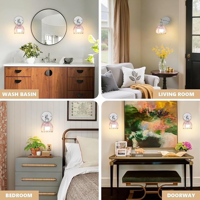 Vintage Battery Operated Wall Sconce, Pink Tulip Glass Lampshade Wireless Rechargeable Battery Powered LED Wall Light with Remote Dimmable for Bedside Bedroom Living Room, Silver, Set of 2