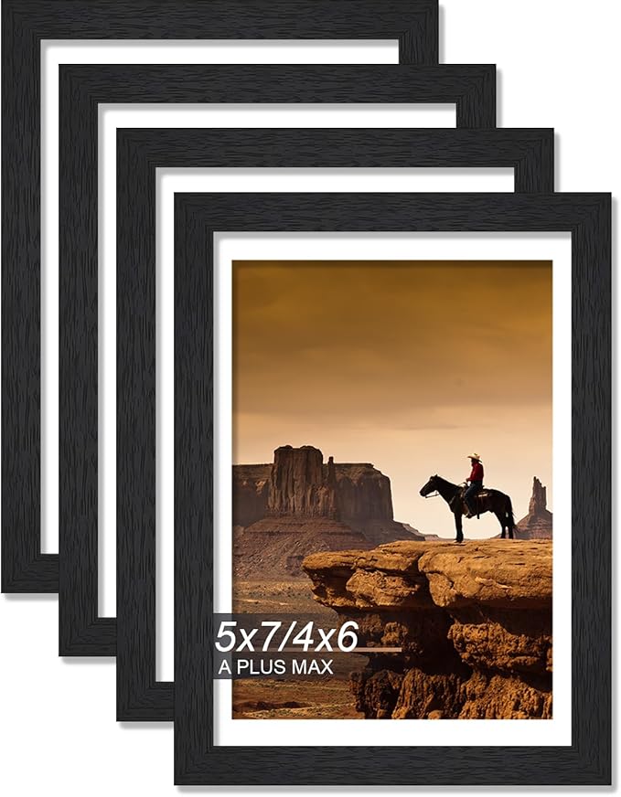 A PLUS MAX 5x7 Picture Frame Set of 4, Black Engineered Wood Frame for 5 x 7 Inch Picture Poster Photo, Light Weight 5 by 7 Frame with Wood-grain for Wall - 4 Pack/Black/5"x7"