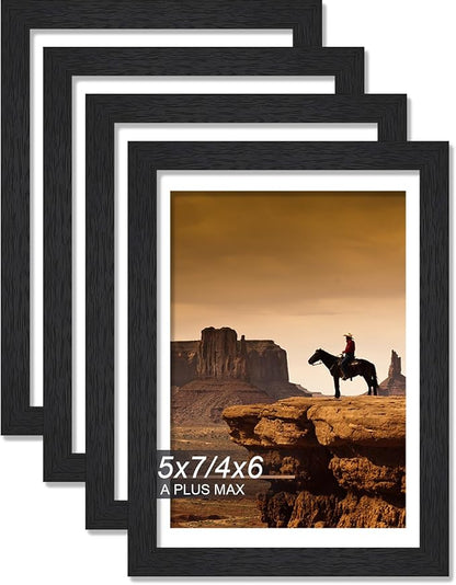 A PLUS MAX 5x7 Picture Frame Set of 4, Black Engineered Wood Frame for 5 x 7 Inch Picture Poster Photo, Light Weight 5 by 7 Frame with Wood-grain for Wall - 4 Pack/Black/5"x7"