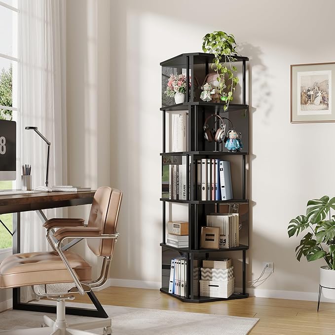 Industrial Corner Shelf with LED Lights & Mirror-Effect Panels, 6-Tier Modern Corner Bookshelf with Remote Control Color-Changing Lights, Space-Saving Display Unit for Bedroom & Living Room