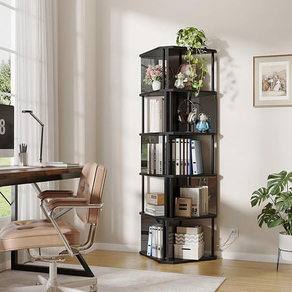 Industrial Corner Shelf with LED Lights & Mirror-Effect Panels, 6-Tier Modern Corner Bookshelf with Remote Control Color-Changing Lights, Space-Saving Display Unit for Bedroom & Living Room