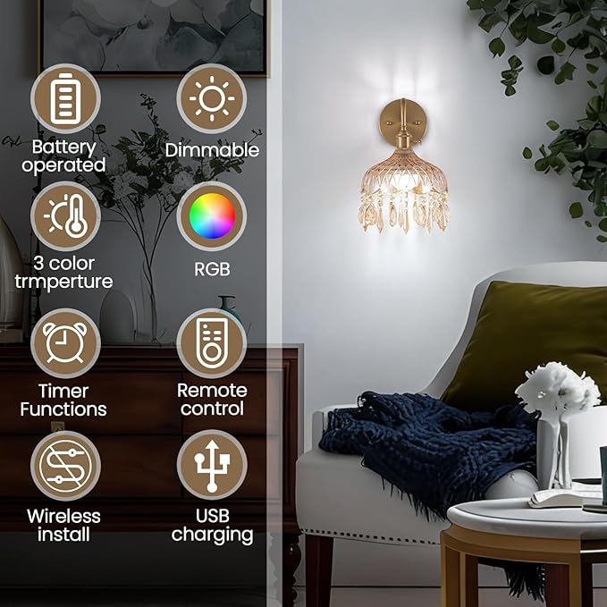 Vintage Battery Operated Set of Two,Wireless Wall Sconces Dimmable Rechargeable Battery, 12 Colors RGB Lamp with Remote for Dining Room Hallway Living Room