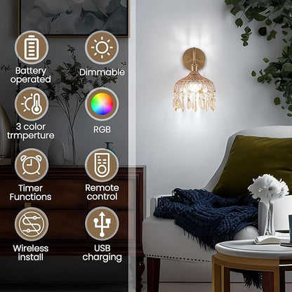 Vintage Battery Operated Set of Two,Wireless Wall Sconces Dimmable Rechargeable Battery, 12 Colors RGB Lamp with Remote for Dining Room Hallway Living Room