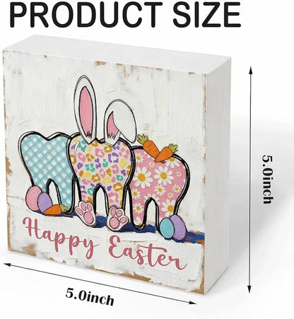 Easter Table Decorations Happy Easter Bunny Wooden Box Sign, Rustic Farmhouse Spring Centerpiece for Tables, Easter Desk Shelf Plaque Home Decor 5x5 Inch