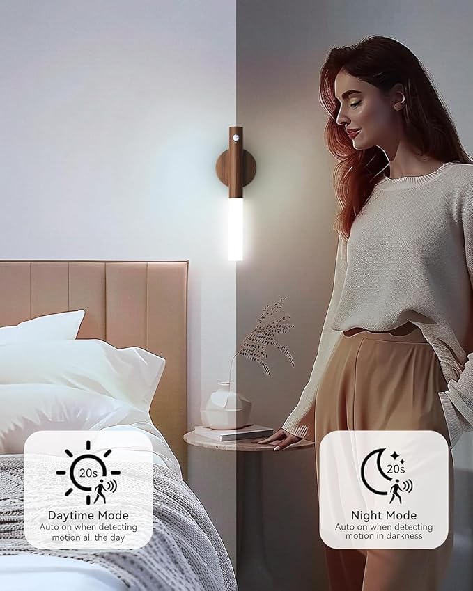 iThird Battery-Operated Wall Sconce Wall Lights: 2200mAh Rechargeable Motion Sensor Magnetic Wireless Stairway Lights Portable Hallway Light Wooden Wall Lighting for Bedroom Stair(White Light)