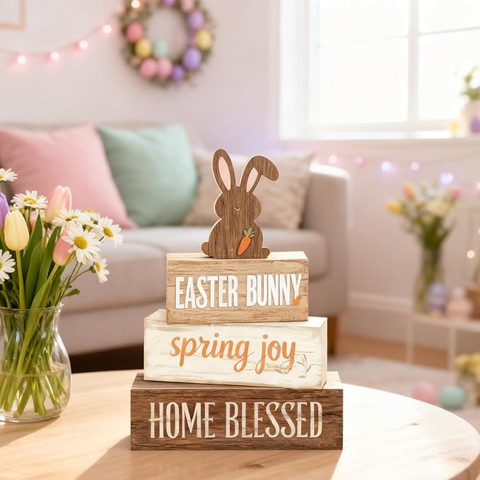 Easter Decorations - Easter Bunny Tiered Tray Decor Set - Wooden Easter Tabletop Decoration - Rustic Farmhouse Spring Home Decor Indoor for Tiered Tray Shelf Mantel Coffee Table Gift - Spring Home Decor for Living Room, Kitchen Counter