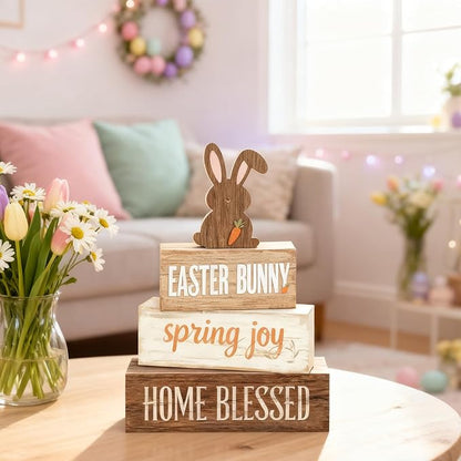 Easter Decorations - Easter Bunny Tiered Tray Decor Set - Wooden Easter Tabletop Decoration - Rustic Farmhouse Spring Home Decor Indoor for Tiered Tray Shelf Mantel Coffee Table Gift - Spring Home Decor for Living Room, Kitchen Counter