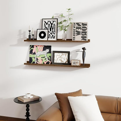 Fun Memories Picture Ledge Shelf, Pine Wood Floating Shelves Set of 2, 48 inch Nursery Book Shelves, Photo Ledge Book Shelves Wall Mounted for Living Room Kids' Room Bedroom - Walnut