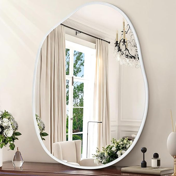 Asymmetrical Bathroom Mirror Irregular Wall Mirror Modern Metal Frame Unique Shape Wall Mounted Vanity Artistic Mirrors Decorative for Living Room Bedroom Entryway 22"x30" Large White