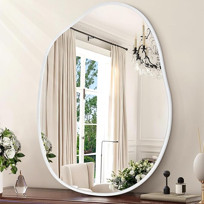 Large Asymmetrical Wall Mirror Aluminum Alloy Frame Irregular Bathroom Mirrors Brushed Metal Vanity Wall Mounted Mirror for LivingRoom Bedroom Entryway Room Home Decor White 26"x37.5"