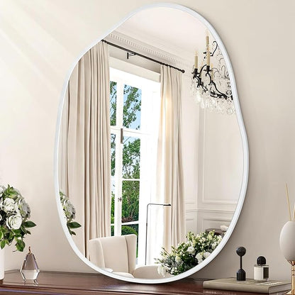 Large Asymmetrical Wall Mirror Aluminum Alloy Frame Irregular Bathroom Mirrors Brushed Metal Vanity Wall Mounted Mirror for LivingRoom Bedroom Entryway Room Home Decor White 26"x37.5"