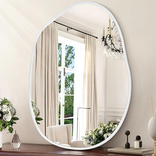 Large Asymmetrical Wall Mirror Aluminum Alloy Frame Irregular Bathroom Mirrors Brushed Metal Vanity Wall Mounted Mirror for LivingRoom Bedroom Entryway Room Home Decor White 26"x37.5"