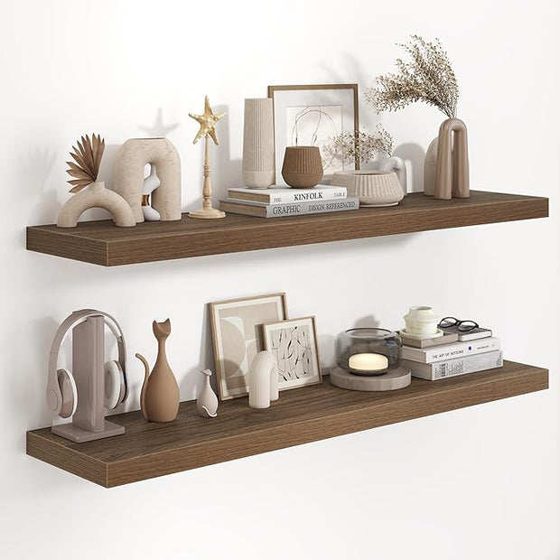Fun Memories 48 Inch Floating Shelves, 9.3 Inch Deep Wall Shelves for Bathroom, Living Room, Bedroom, Kitchen, Deep Long Shelf Wall Mounted 2 Pack Shelf for Books, Decor, Walnut