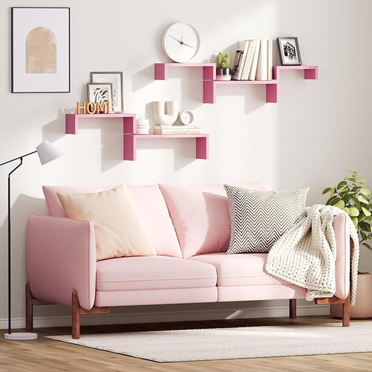 SRIWATANA Floating Shelves, Wall Shelves for Bathroom, Bedroom, Living Room, Kitchen, Office, Wood Shelves for Wall Decor Set of 5 (Pink)