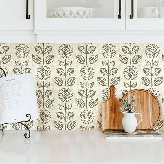 Wudnaye Floral Peel and Stick Wallpaper Vintage Tulip Floral Wallpaper 17.7in×393.7in Flower Farmhouse Contact Paper Peel and Stick Neutral Self Adhesive Removable Vinyl Wall Paper for Kitchen Bedroom