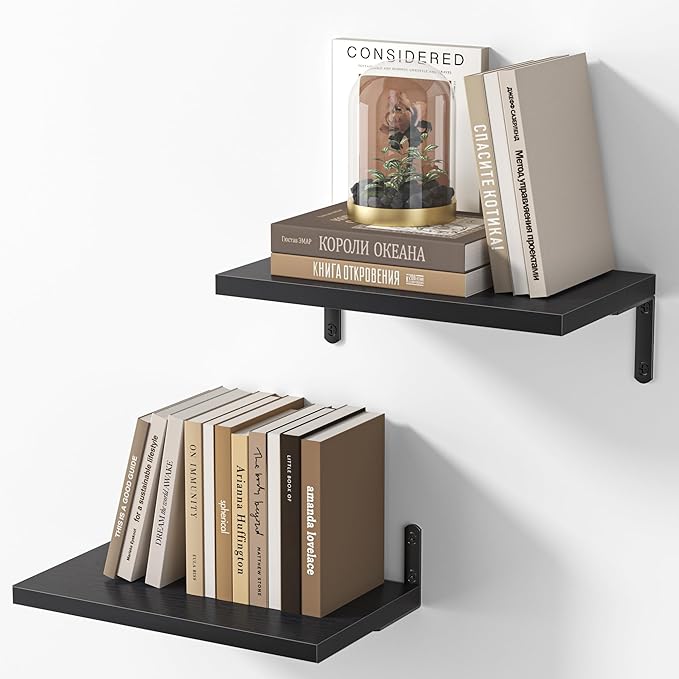Marsmiles Extra Wide Floating Shelves for Wall, 16x8 Inch Natural Wood Grain Bookshelves, Heavy Duty Mounted Shelving for Bathroom, Kitchen, Living Room, Bedroom,Set of 2，Black
