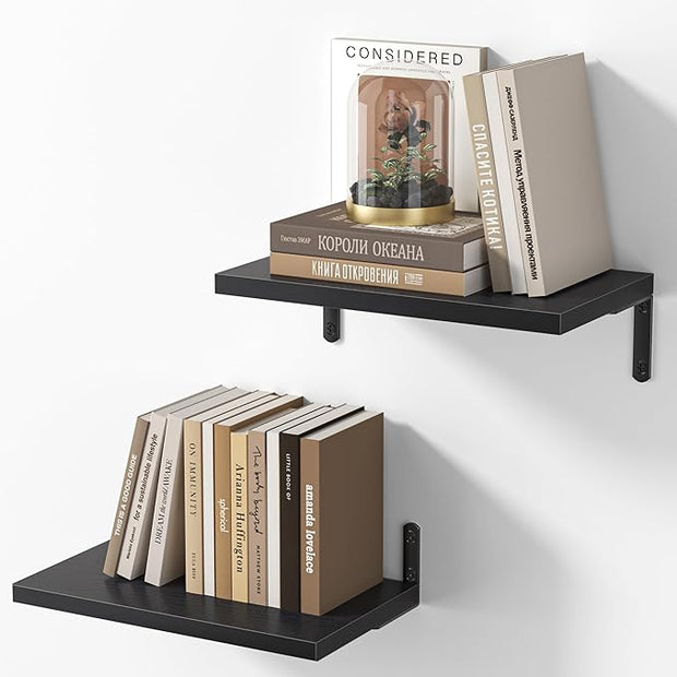 Marsmiles Extra Wide Floating Shelves for Wall, 16x8 Inch Natural Wood Grain Bookshelves, Heavy Duty Mounted Shelving for Bathroom, Kitchen, Living Room, Bedroom,Set of 2，Black