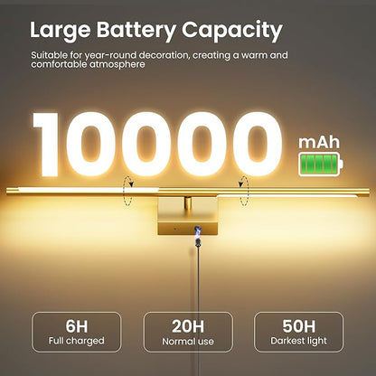 Battery Operated Wall Sconces Set of Two, 10000mAh Rechargeable Wall Lights with Remote Control, 360° Rotate Dimmable Gold LED Cordless Lamps for Bedroom, Living Room, Hallway, 29 Inch, 3CCT