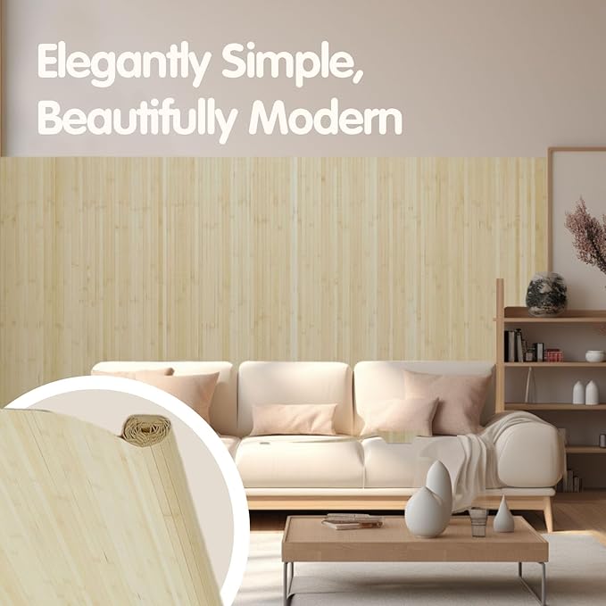 Natural Bamboo Wall Panel 48x96 Inch, Renewable Pole Wrap & Wainscoting for Interior Wall Decor, Bedroom, Living Room, Office & Kitchen Island (Natural)