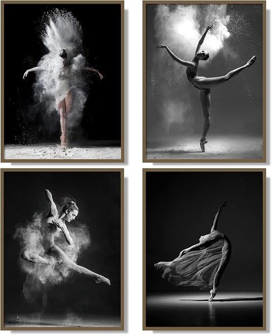NCYEL Black and white ballet wall art dancer poster beautiful girl bedroom elegant dance classroom bathroom dormitory decoration poster 12 "x16 x4pcs