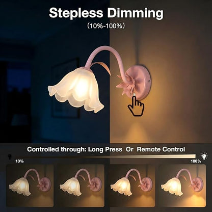Battery Operated Cordless Flower Wall Sconce Set of 2 (Pink), Stepless Dimming Magnetic Wireless Wall Lamp, 5200mAh Rechargeable Battery, for Living Room Bedroom Hallway Corridor