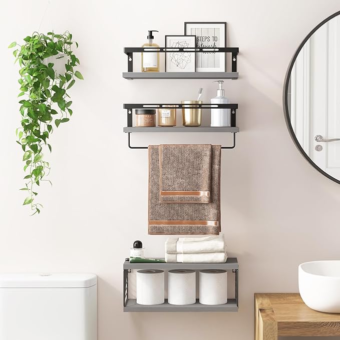 Fixwal 3+1 Tier Wall Mounted Bathroom Shelves Over Toilet, Rustic Wood Floating Shelves with Metal Frame and Towel Bar for Bathroom, Kitchen, Bedroom, Living Room (Gray)