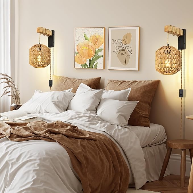 Rattan Plug in Wall Sconces Set of Two, Hand Woven Boho Wall Lamp Plug in Cord Wall Sconces for Bedroom Living Room Farmhouse